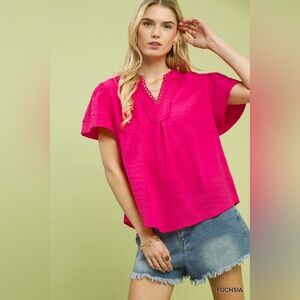 Umgee Seersucker Short Sleeve Top with Lace Trim